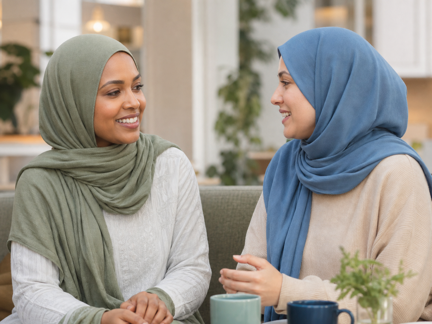 Two Muslim women connecting over a conversation